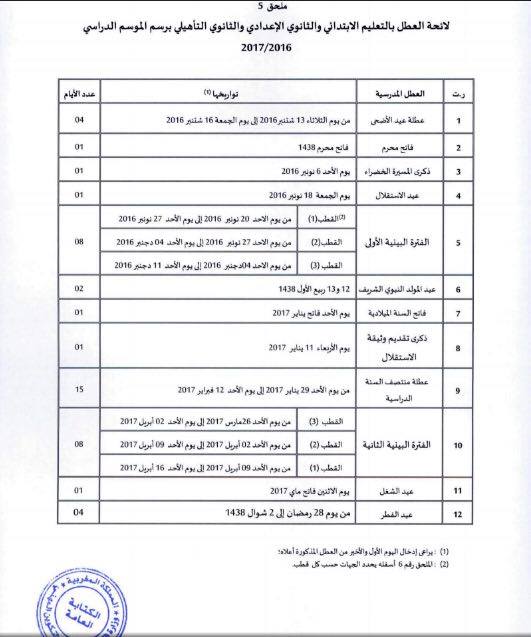 برنامج العطل المدرسية للأسلاك الثلاثة الابتدائي والإعدادي والثانوي 