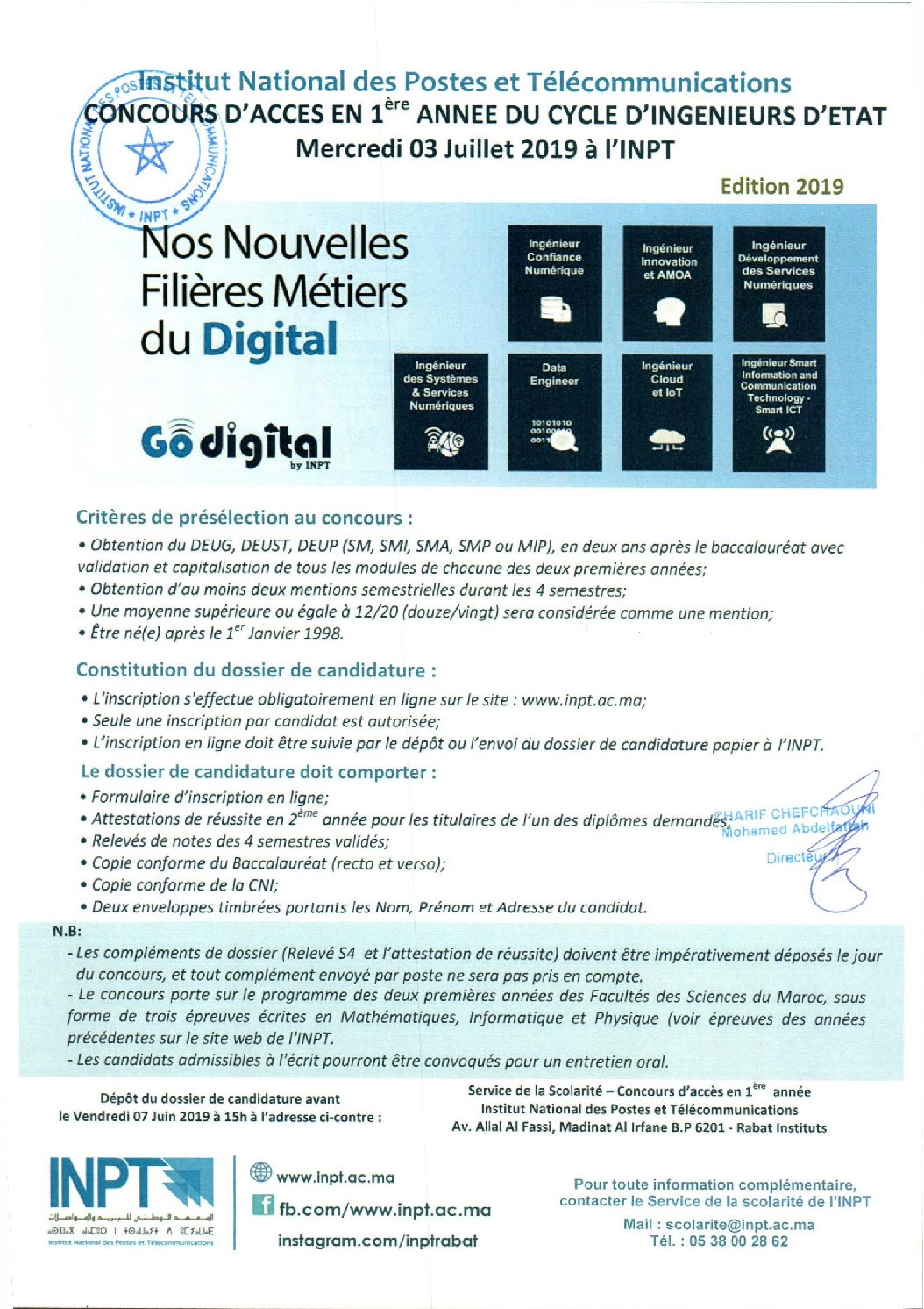 Concours pour l’accès en 1ère année du Cycle d’Ingénieurs d’État de l’Institut National des Postes et Télécommunications INPT 2019