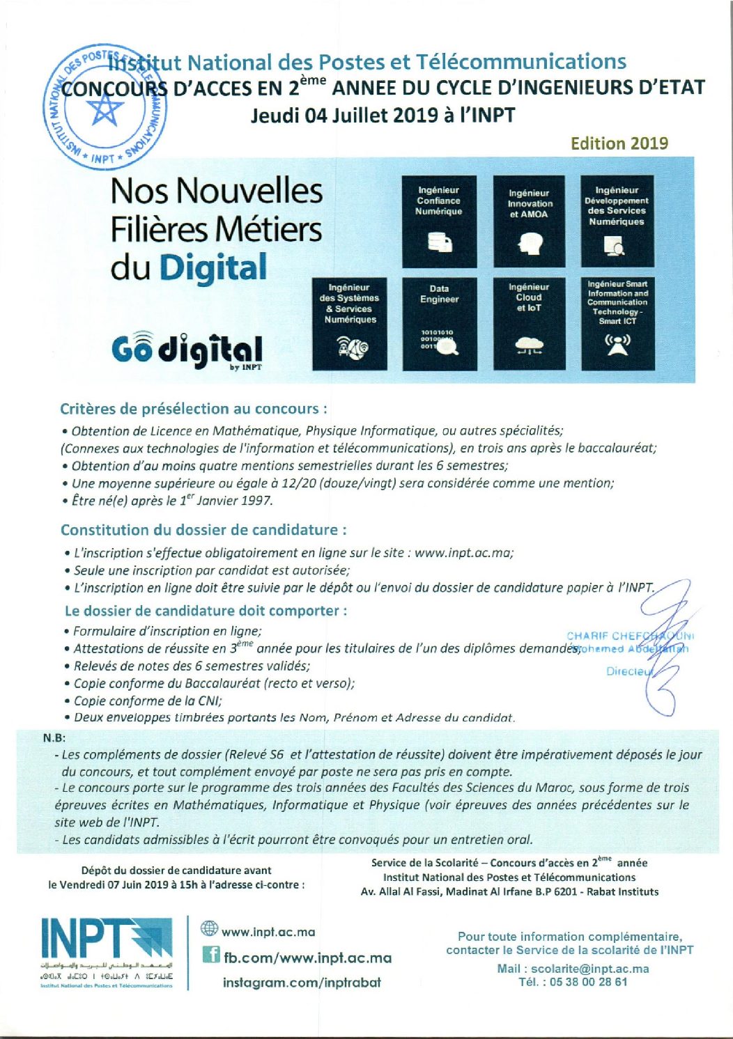 Concours pour l’accès en 2ème année du Cycle d’Ingénieurs d’État de l’Institut National des Postes et Télécommunications INPT 2019