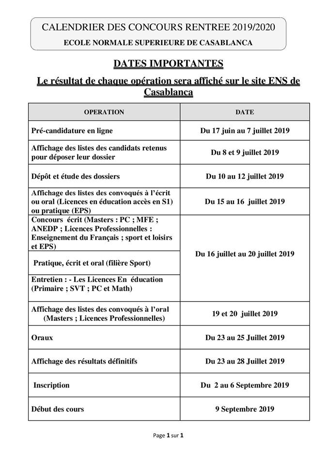 CALENDRIER DES CONCOURS RENTREE 2019/2020 ECOLE NORMALE SUPERIEURE DE CASABLANCA