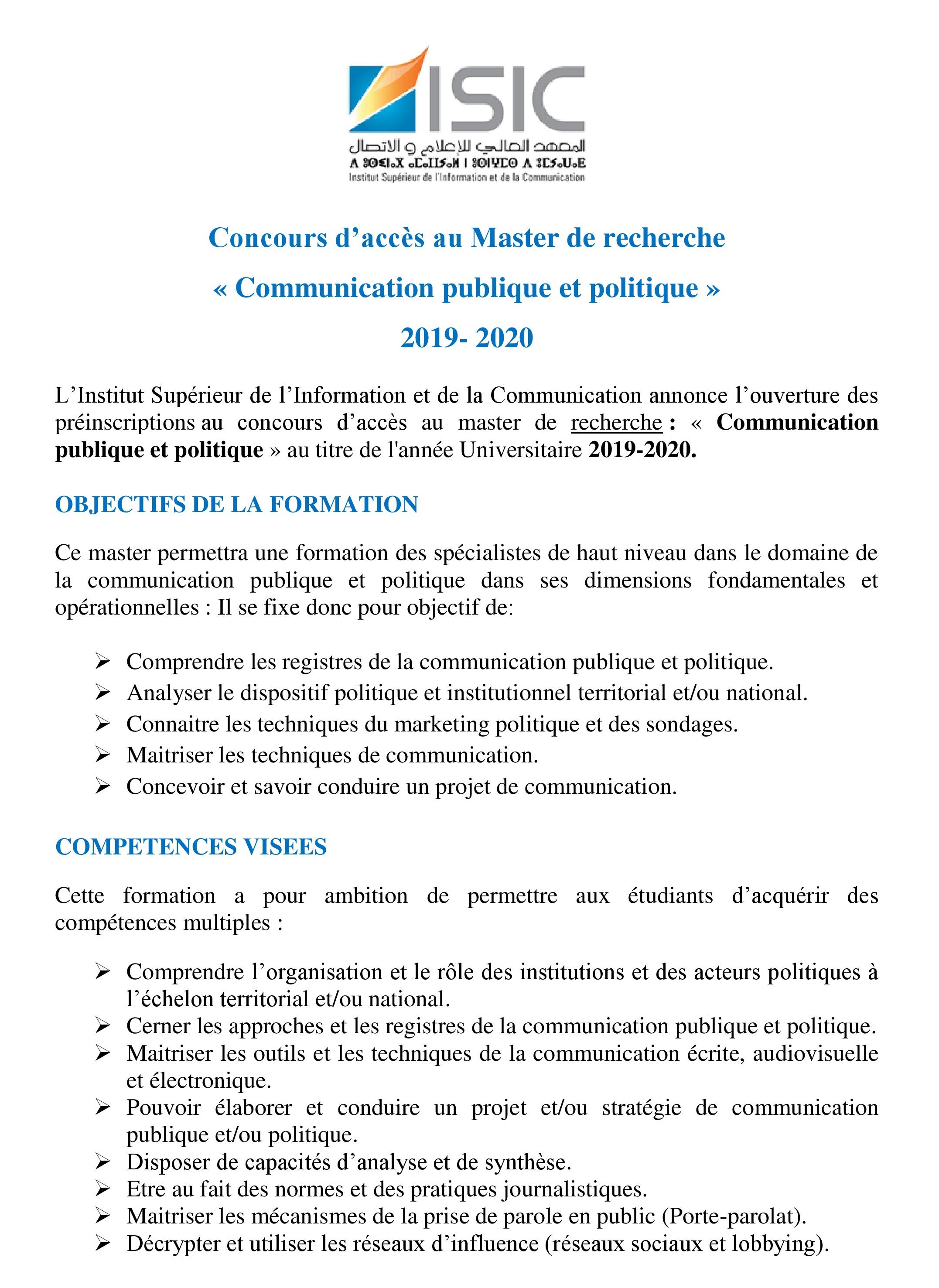 Concours d’accès aux Masters de recherche et Master spécialisé Au titre de l’année universitaire 2019- 2020 