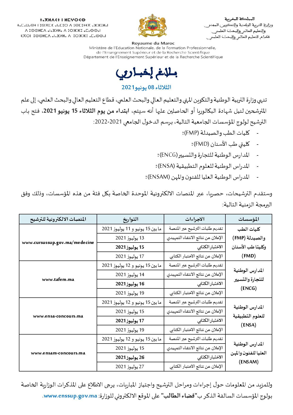 الترشيح لولوج المؤسسات الجامعية ذات الاستقطاب المحدود 2021