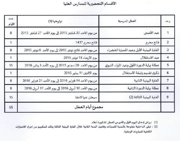 لائحة العطل للأقسام التحضيرية للمدارس العليا 2015-2016