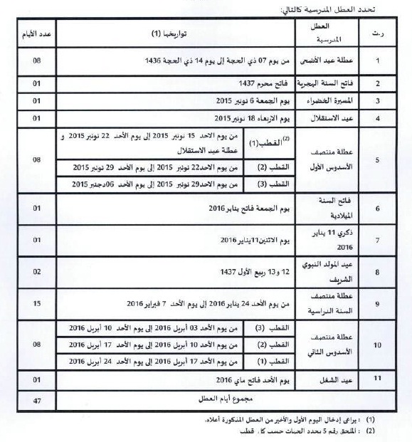 لائحة العطل 2015-2016