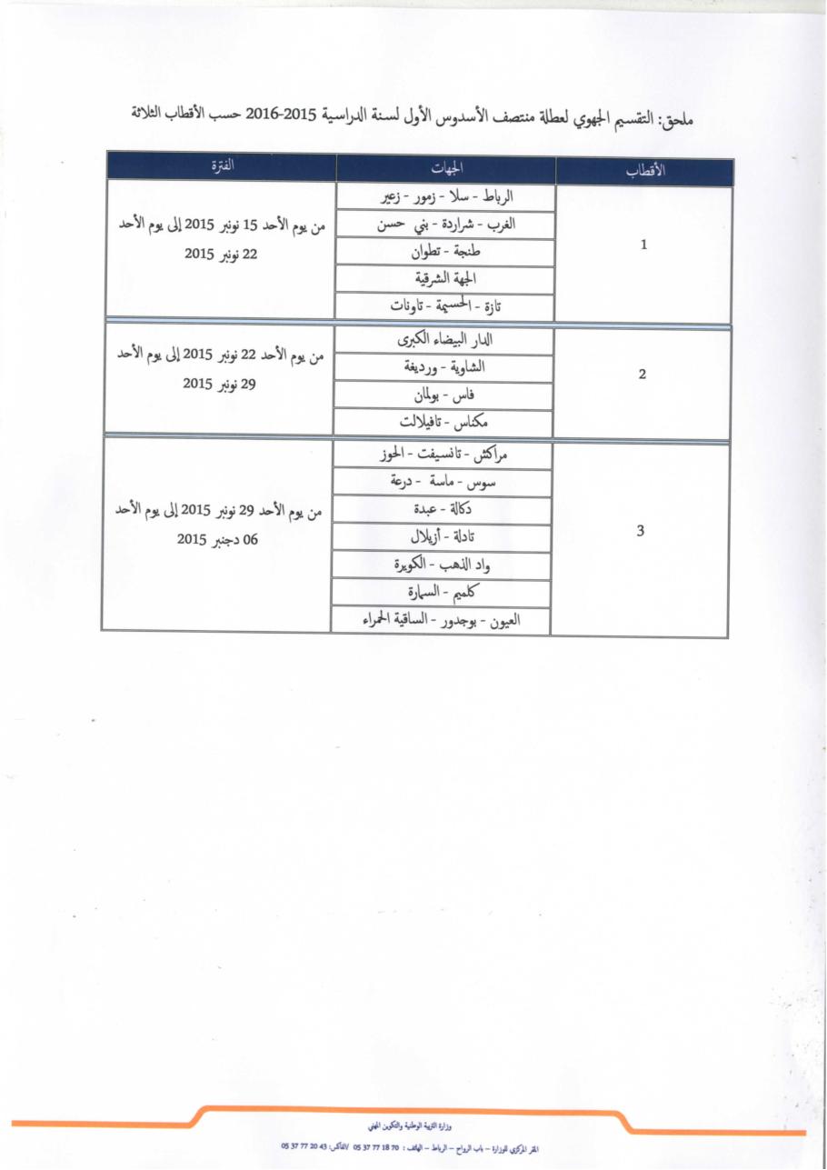 مذكرة جديدة في شأن التقسيم الجهوي لعطلة منتصف الأسدوس الأول