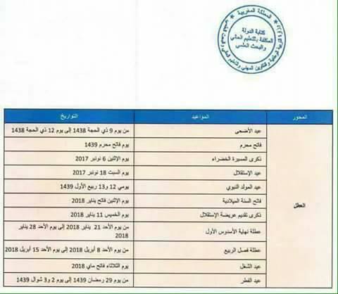 جدولة السنة الجامعية ولائحة العطلة الجامعية 2017-2018