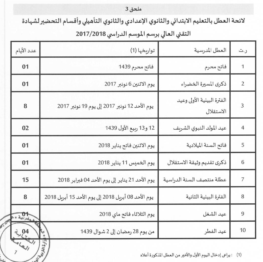 لوائح العطل المدرسية 2018/2017