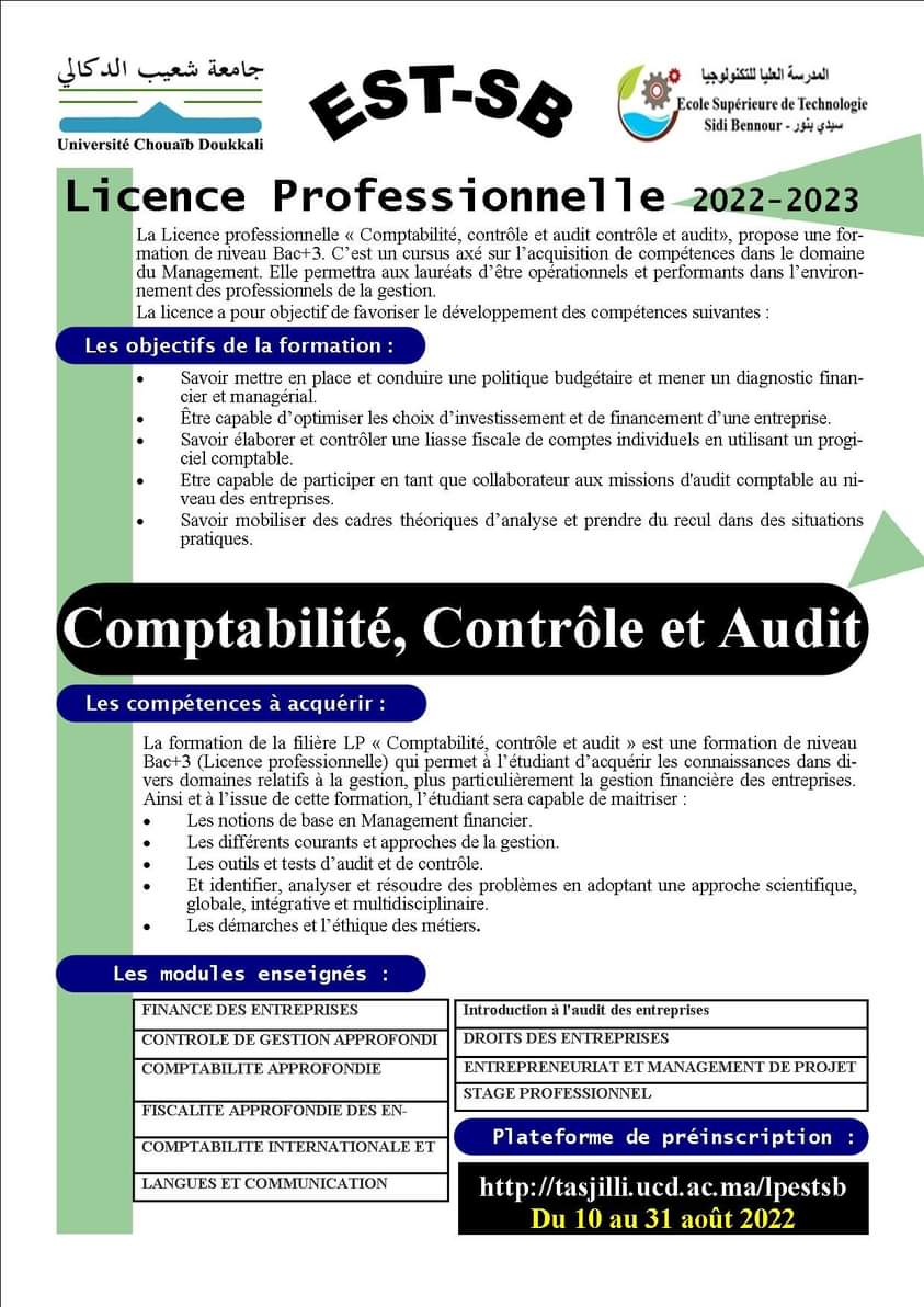 Préinscription Licence professionnelle de L’École Supérieure de Technologie EST SIDI BENNOUR 2022-2023