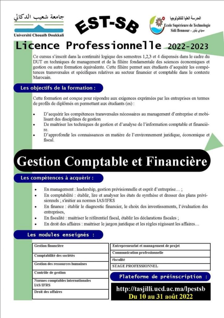 Préinscription Licence professionnelle de L’École Supérieure de Technologie EST SIDI BENNOUR 2022-2023