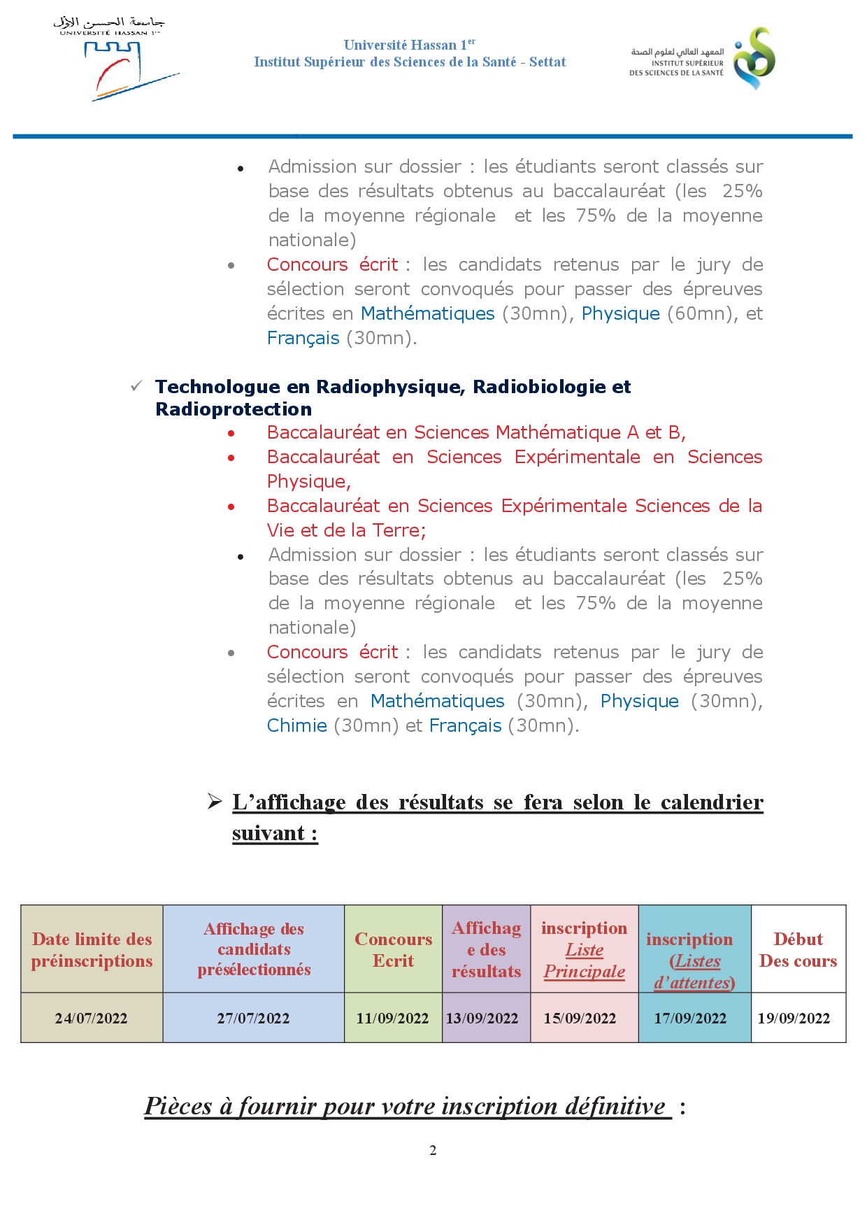 Appel à candidature des licences professionnelles de l’Institut Supérieur des Sciences de la Santé (ISSS) pour la rentrée universitaire 2022-2023