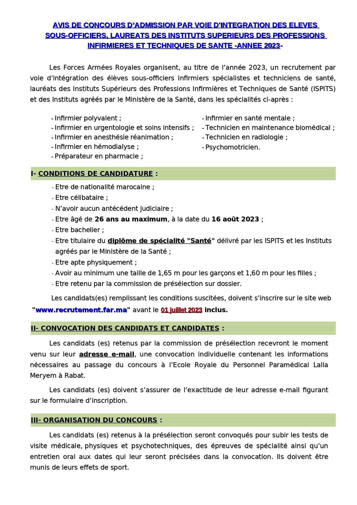 AVIS DE CONCOURS D’ADMISSION PAR VOIE D'INTEGRATION DES ELEVES SOUS-OFFICIERS, LAUREATS DES INSTITUTS SUPERIEURS DES PROFESSIONS INFIRMIERES ET TECHNIQUES DE SANTE 2023