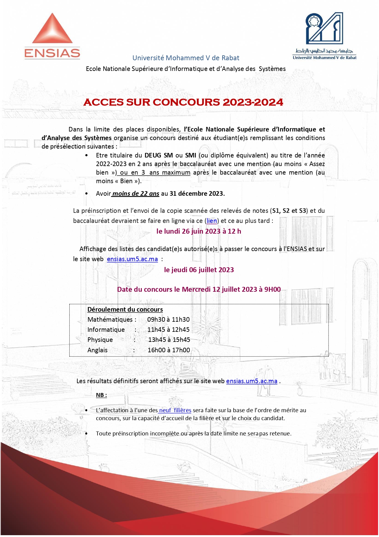 Concours ENSIAS Rabat DEUG 2023 2024